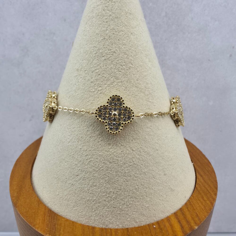 7+1" 12mm Pave Large Five-Motif Clover Bracelet 14K Gold Plated 925 Silver